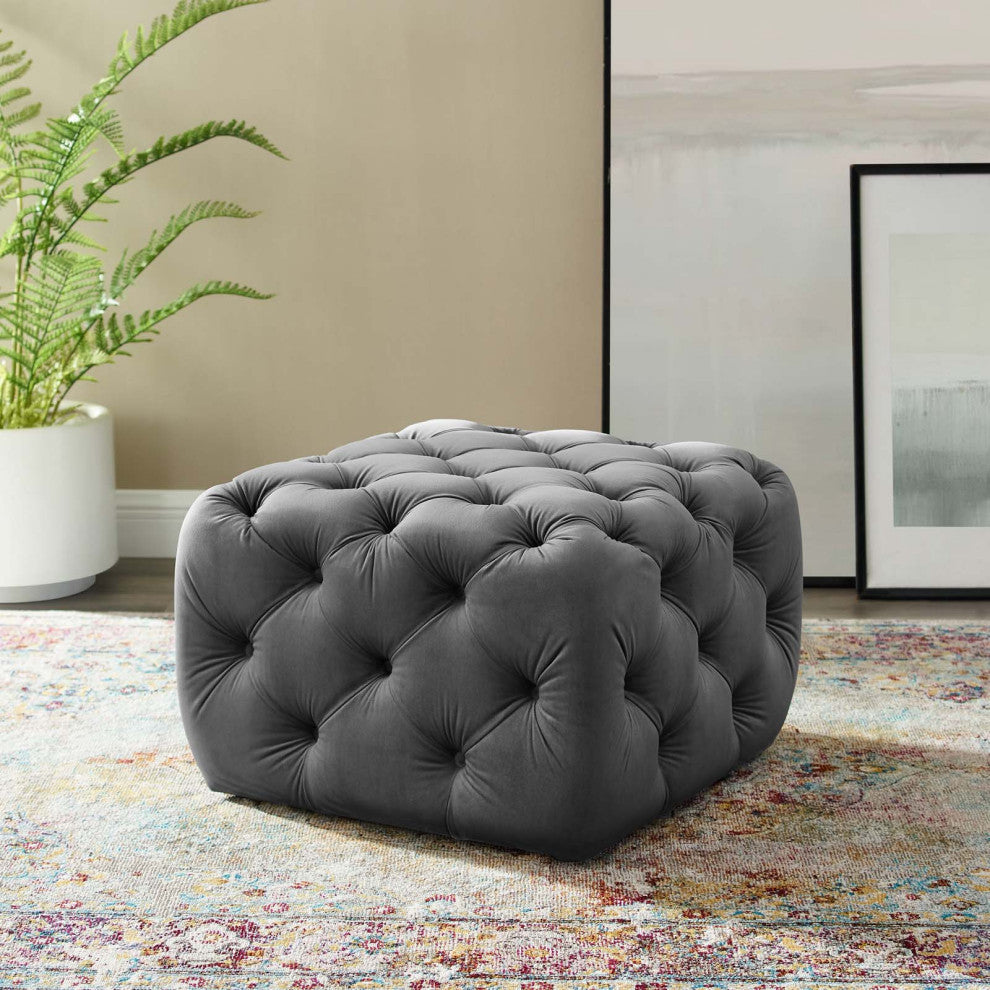Tufted Accent Chair Ottoman, Square, Velvet, Gray, Modern, Lounge