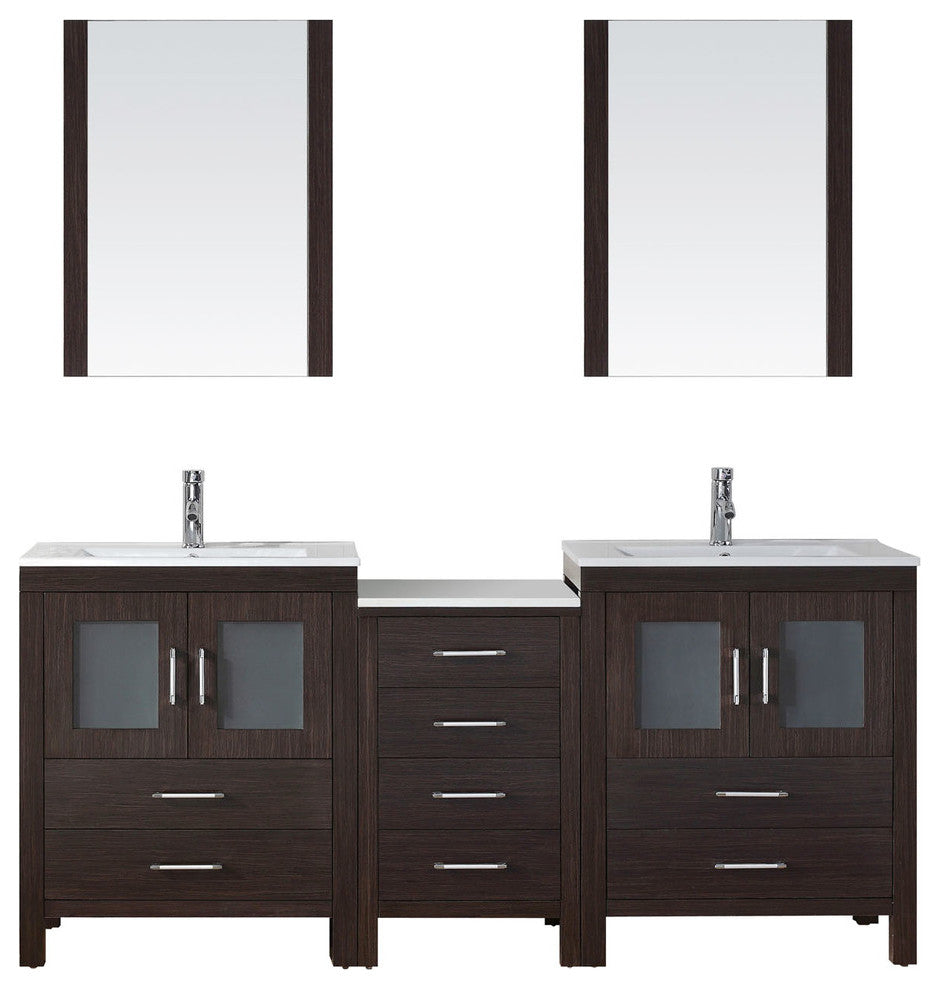 Virtu Dior 74" Double Bathroom Vanity, Espresso, Faucet and Mirrors