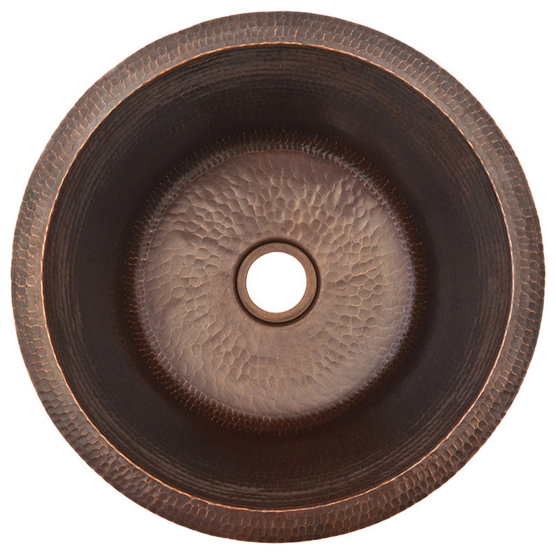 16" Round Hammered Copper Bar Sink, 2" Drain Opening, Drain & Accessories
