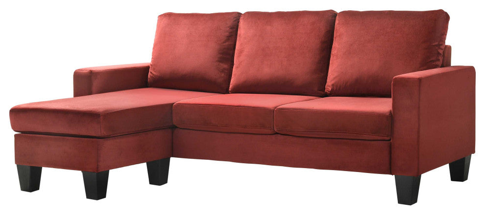 Jessica 77 in. W Flared Arm Velvet L Shaped Sofa, Burgundy