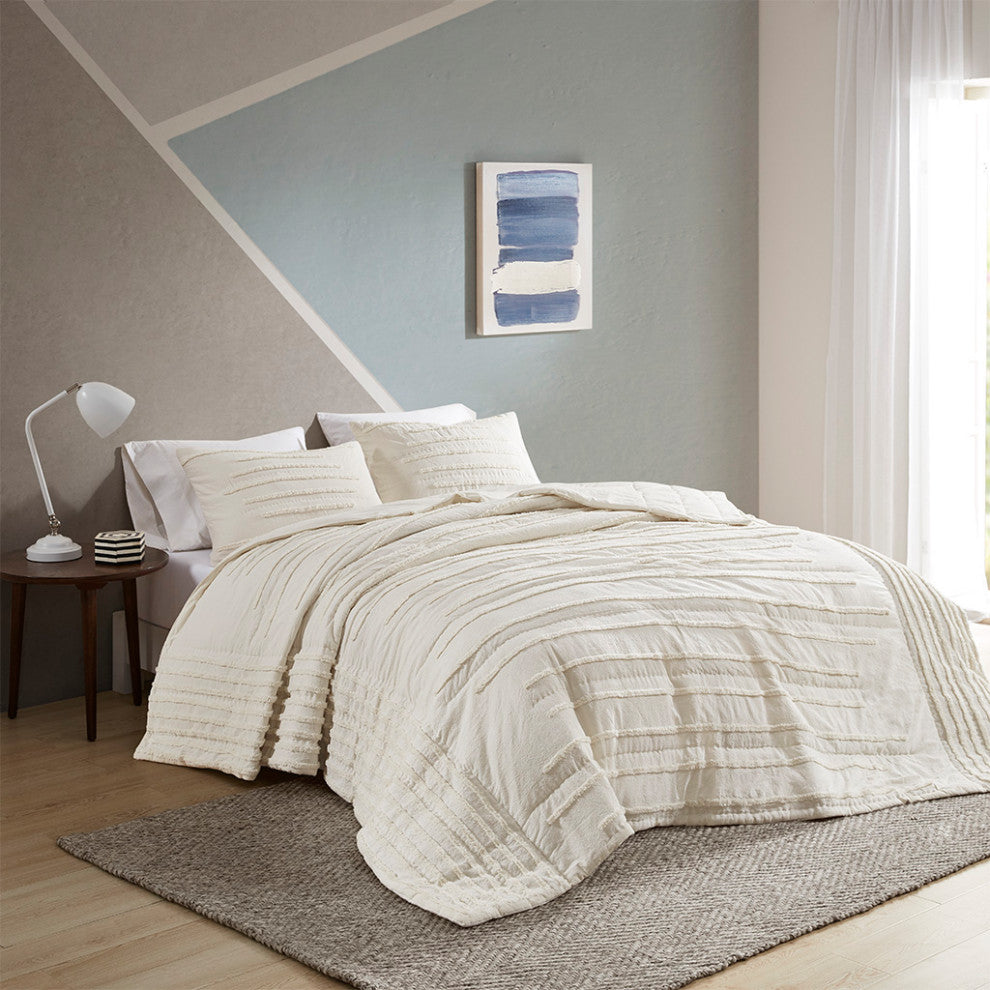 Urban Habitat Mercer 3 Piece Cotton Quilt Set With Chenille Trims, Ivory