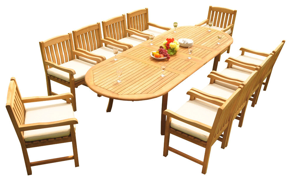 11-Piece Outdoor Teak Dining Set, 117" Extension Oval Table, 10 Devon Arm Chairs