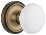 Classic Rosette Passage White Porcelain Knob, Antique Brass