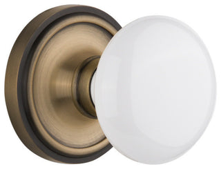 Classic Rosette Passage White Porcelain Knob, Antique Brass