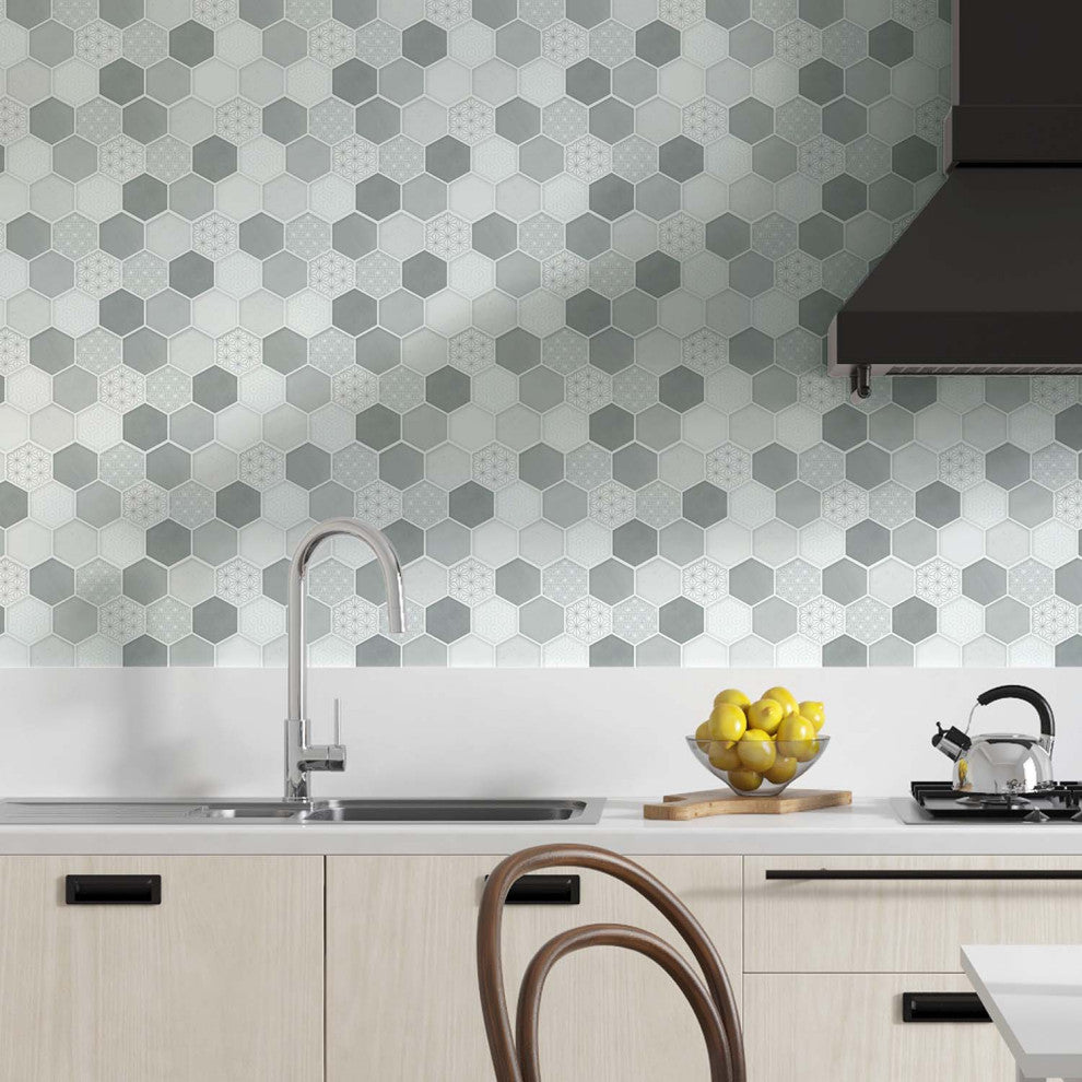 12"x6" Honey Hexa Grey Glossy 3D Tile Stickers, Set of 12