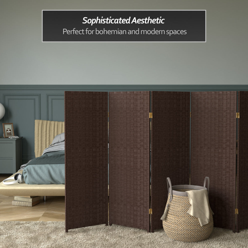 4' Tall Woven Fiber Room Divider, Dark Mocha, 6 Panel