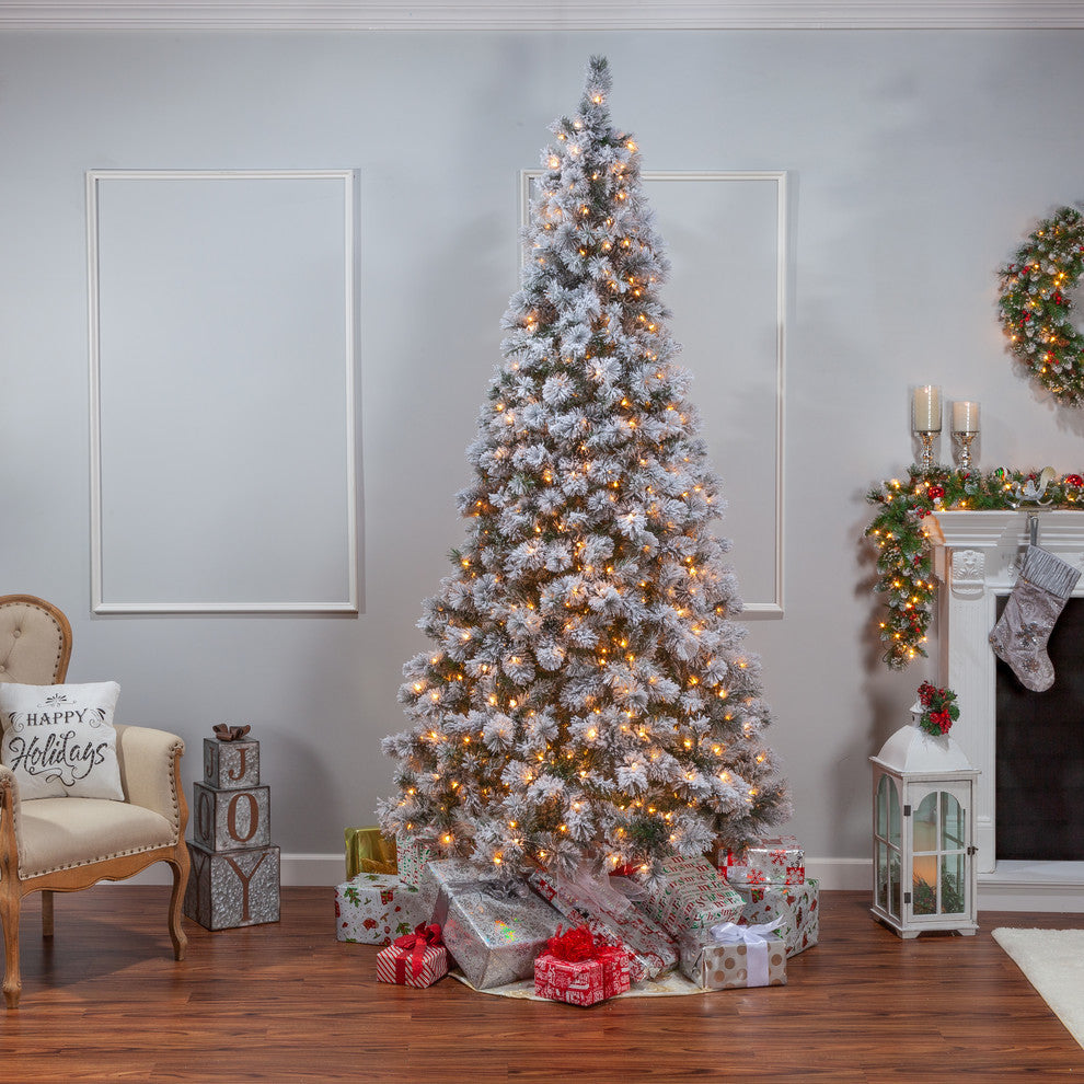 9' High Flocked Pre-Lit Hard Mixed Needle Boise Pine With Warm White Lights