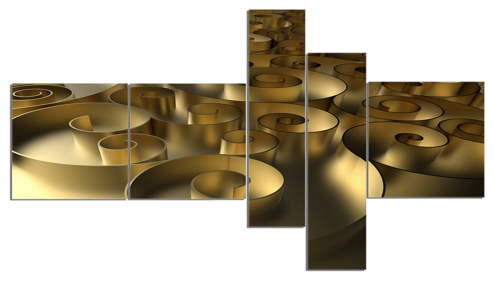 Golden Curly Abstract 3D Design, Abstract Canvas Art Print, 60"x32", 5 panels