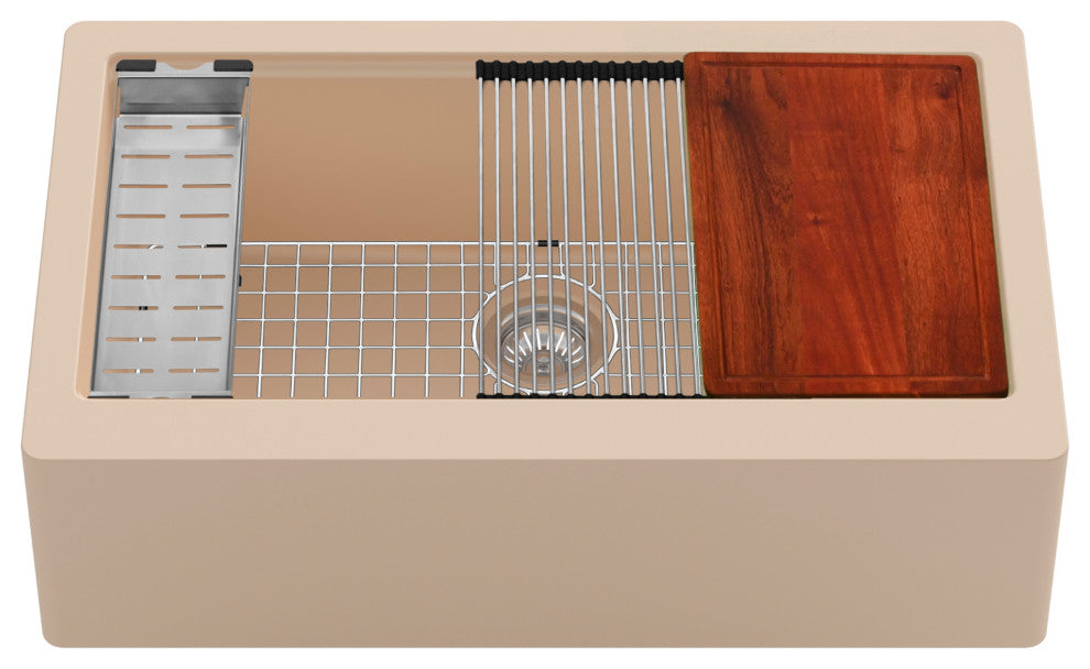 Karran 34" Quartz Farmhouse Single Bowl Workstation Kitchen Sink, Bisque