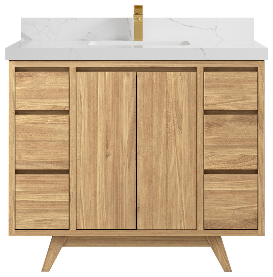 Madison Teak 42 Single Sink Bath Vanity in Light Natural 2" Calacatta Laza