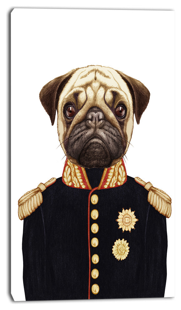 Funny Pug Dog in Military Uniform, Animal Canvas Art Print, 16"x32"