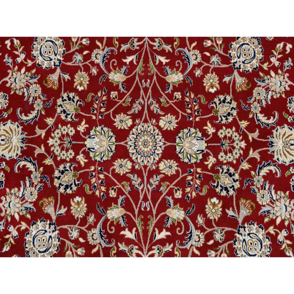 Cherry Red, Hand Knotted Nain, 250 KPSI Wool and Silk Round Rug, 9'1"x9'1"