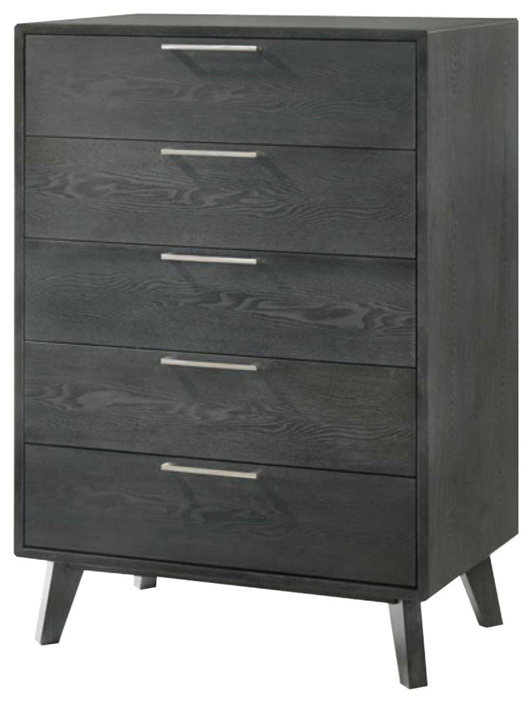 5 Drawer Wooden Chest with Metal Bar Handles and Tapered Legs, Gray