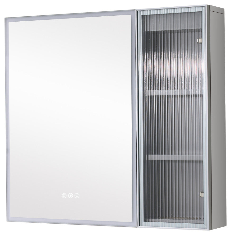 Solid Wood Bathroom Medicine Cabinet With Lights, Defogger, Grey, 30"x28"