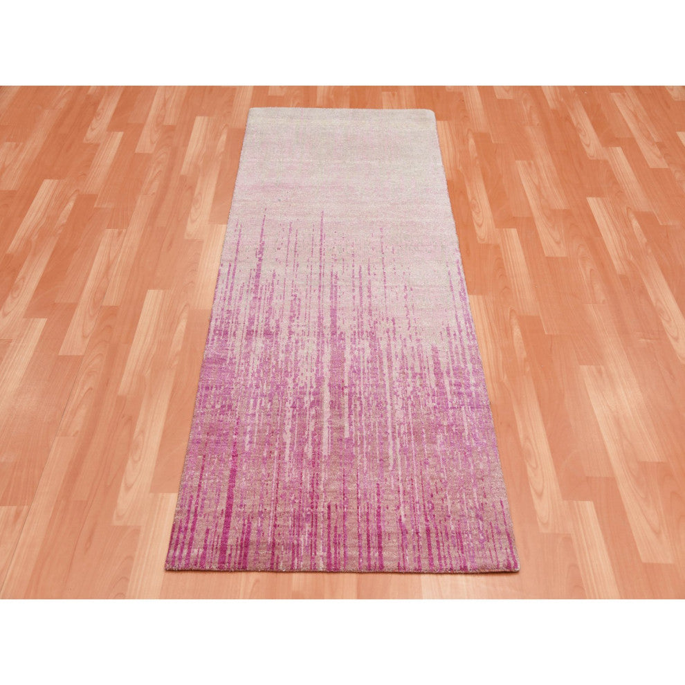 Pink Hand Knotted Vertical Ombre Design Natural Wool Runner Rug, 2'6"x6'5"
