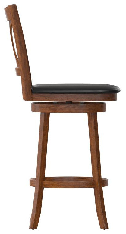 Felicity Wood Crossback Swivel Bar Height Barstool with Upholstered Seat, Black Vinyl/Antique Oak Frame