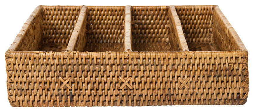 La Jolla Rattan Silverware Tray and Organizer, Honey-Brown