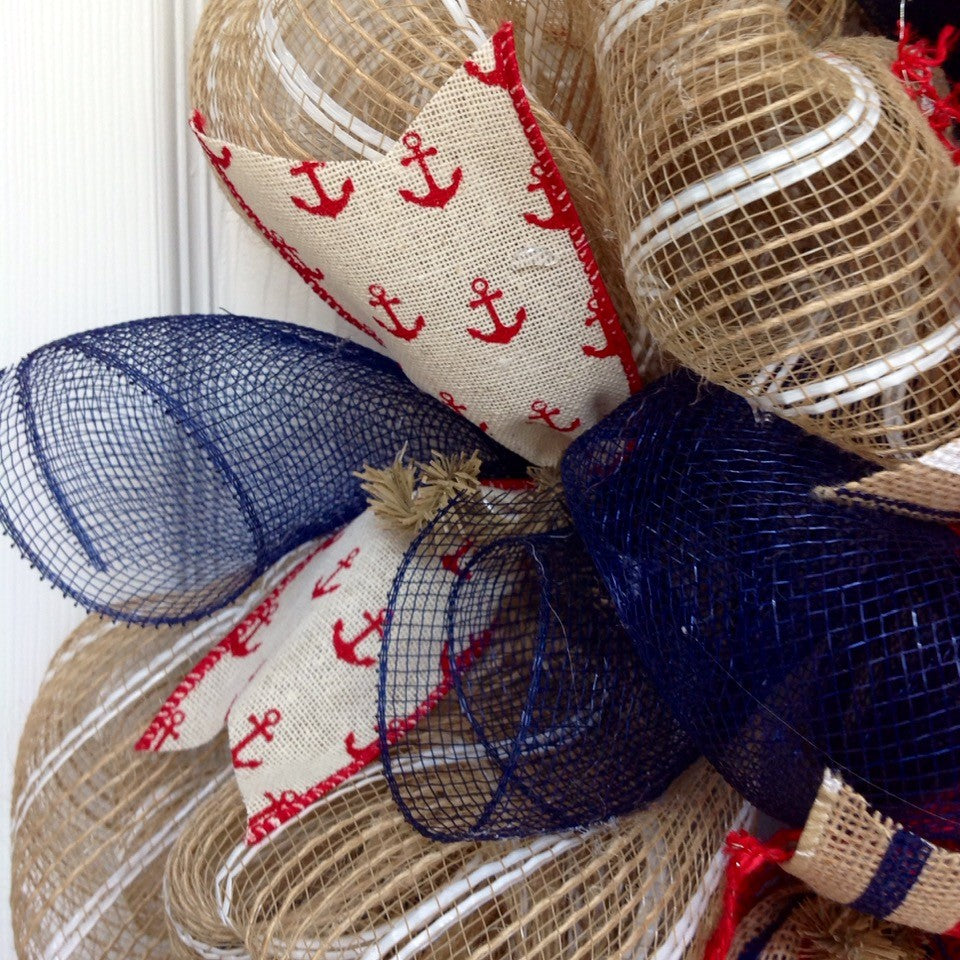 Whatever Floats Your Boat Nautical Sailing Wreath Handmade Deco Mesh