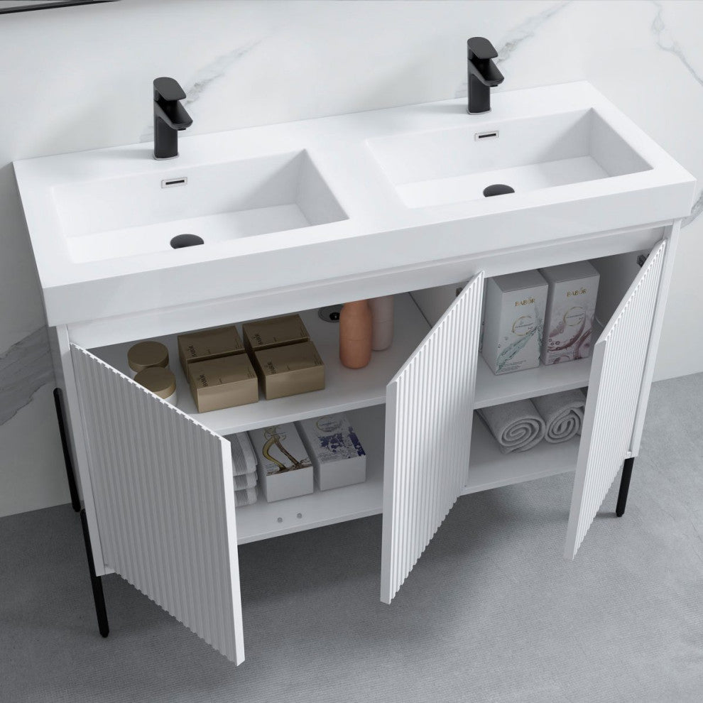 Flutie 48" Bathroom Vanity Set, White, Double Resin White Sink