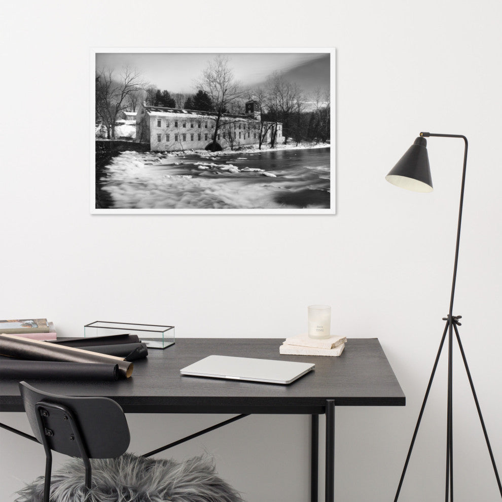 Winter at Powder Mill Rural Landscape Framed Photo Paper Wall Art Prints, White, 24" X 36"