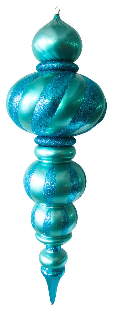 36" Large Aqua Finial Ornament With Aqua Glittered Stripes