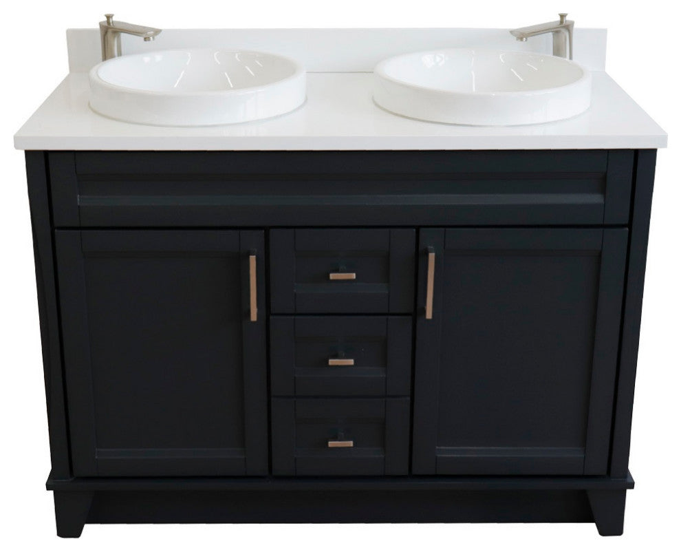 48" Double Sink Vanity, Dark Gray Finish With Engineered Stone Top, Round Sink