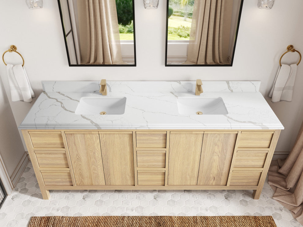 Elizabeth Oak 84" Double Sink Vanity, White 1.5" Calacatta Laza