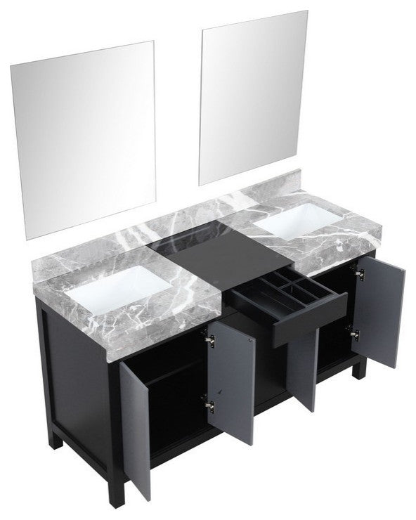 Zilara 60" Black and Grey Double Vanity, 28" Frameless Mirrors