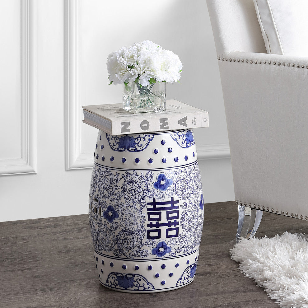 Double Happiness 18" Ceramic Drum Garden Stool, Blue and White
