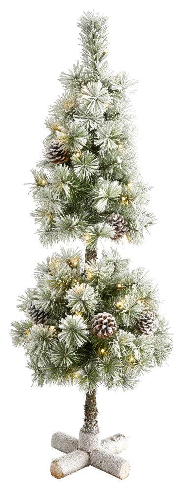 3' Flocked Faux Xmas Tree Topiary With 50 Warm White LED Lights and Pine Cones