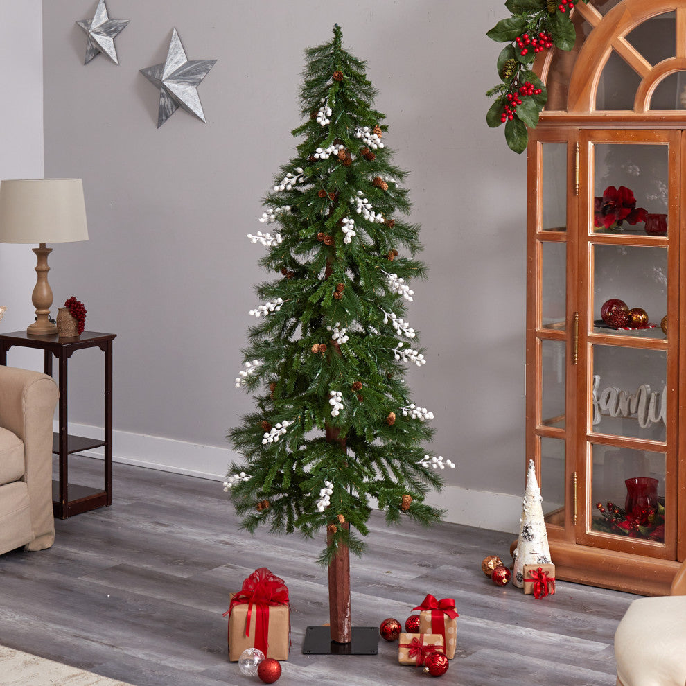 6' Alpine Faux Xmas Tree With Pinecones, Berries and 200 White Warm LED Lights