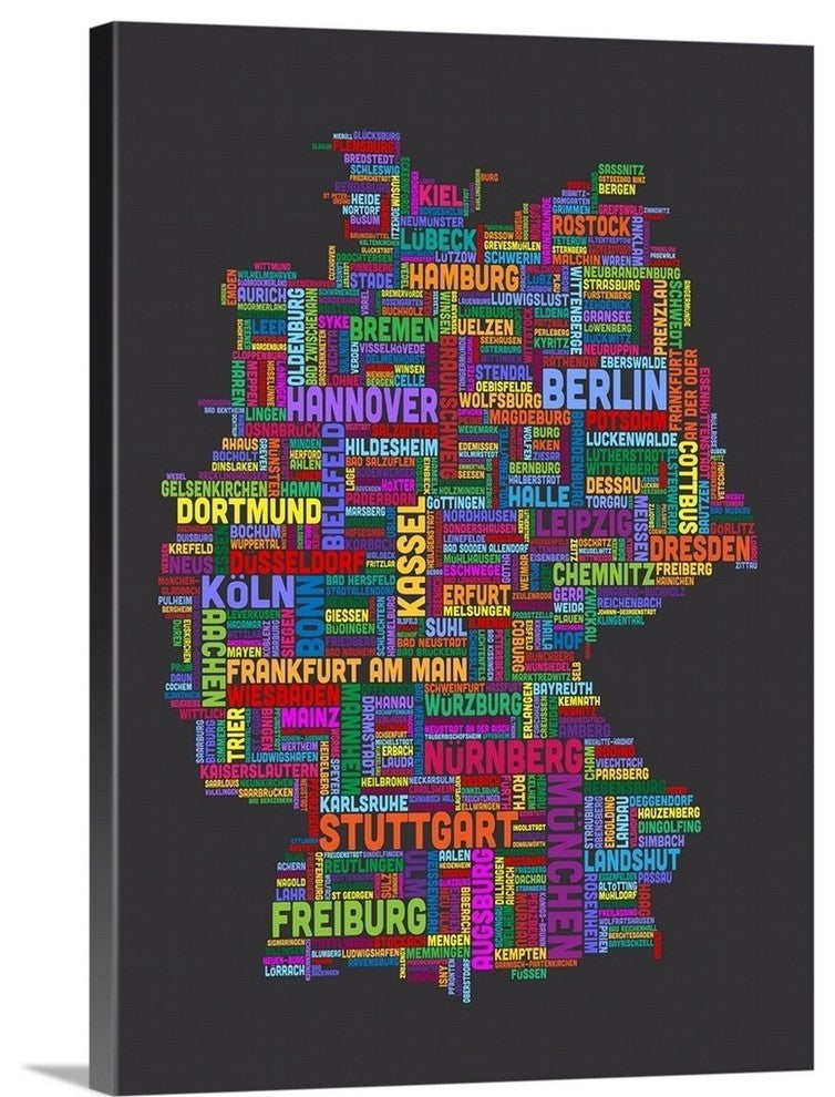 German Cities Text Map, Multicolor on Grey Wrapped Canvas Art Print, 18"x24