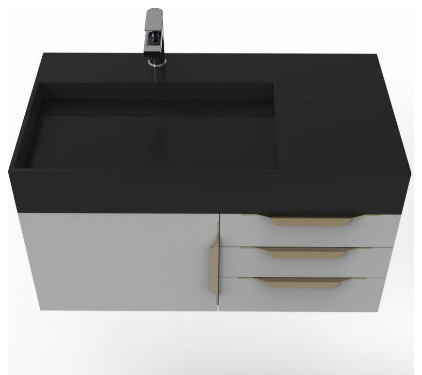 CastelloUSA Amazon 36" Wall Mount Vanity Set, Gray, Black Top, Gold Handles