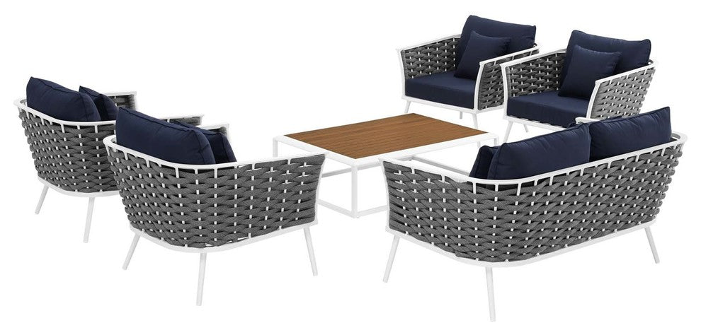 Stance 6 Piece Outdoor Patio Aluminum Sectional Sofa Set, White Navy