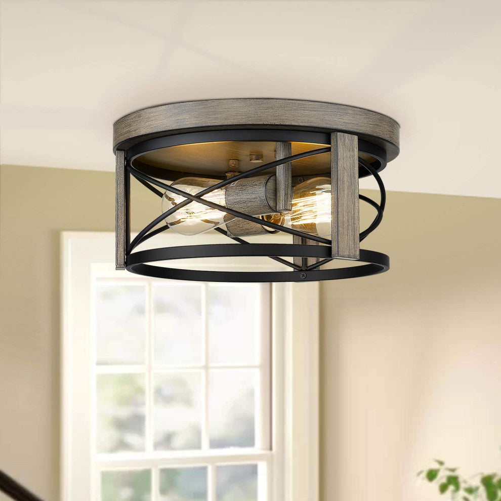 2 Light Flush Mount Light Fixture Cage Drum Wood Ceiling Lamp