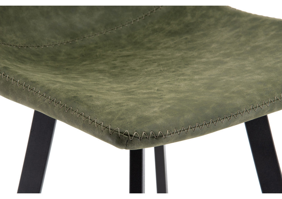 LeisureMod Elland Modern Upholstered Leather Bar Stool Iron Legs, Olive Green