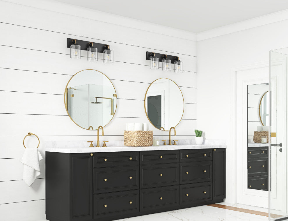 Matte Black 3-Light Cylinder Clear Glass Vanity Light for Bathroom