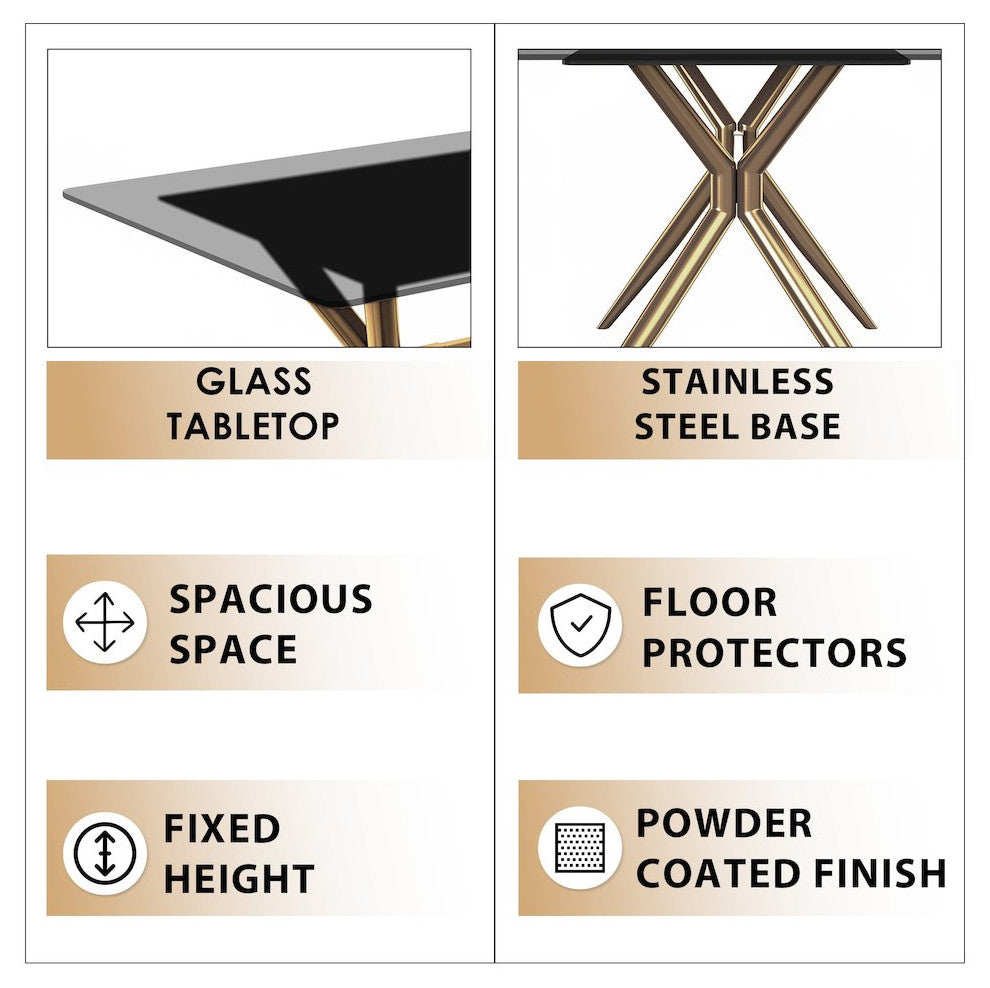 Elega Series Gold Stainless Steel Dining Table 62 With Clear Glass Top