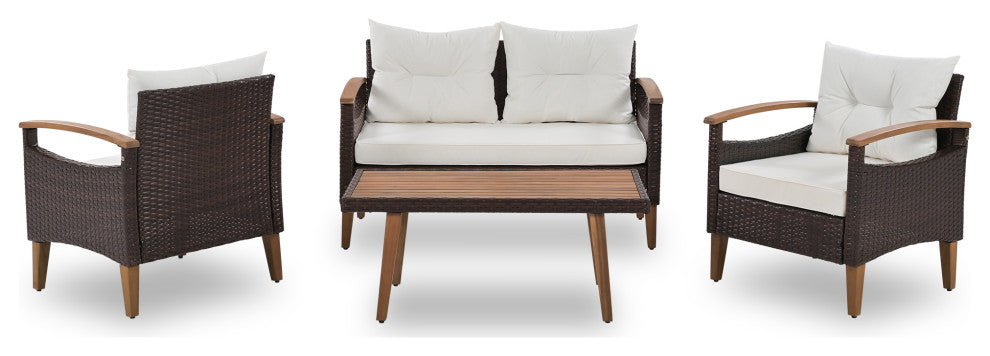 4-Piece Outdoor Wicker Patio Sofa Set with Wood Table and Removable Cushions, Beige