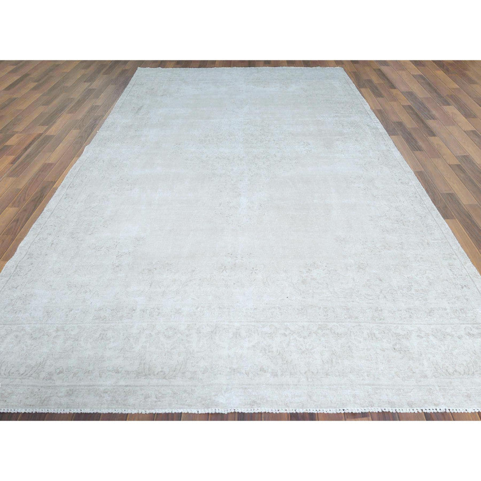 Beige, Vintage Persian Kerman, Worn Wool, Hand Knotted, Rug, 7'6" x 12'10"