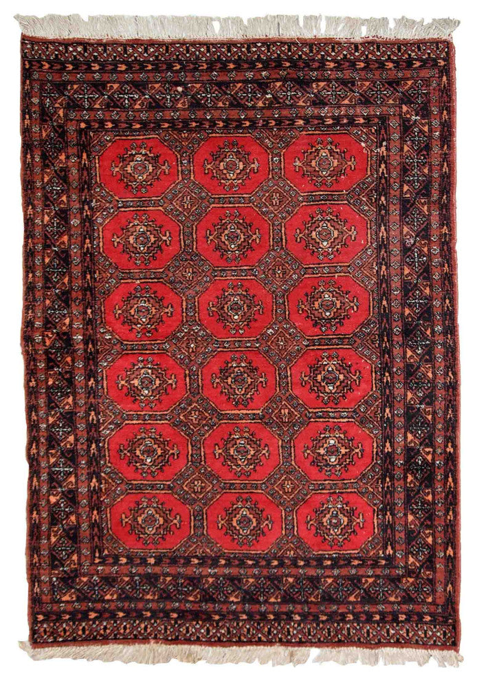 Handmade Vintage Uzbek Bukhara Rug, 3.9'x5.8', 121cm x177cm 1960s