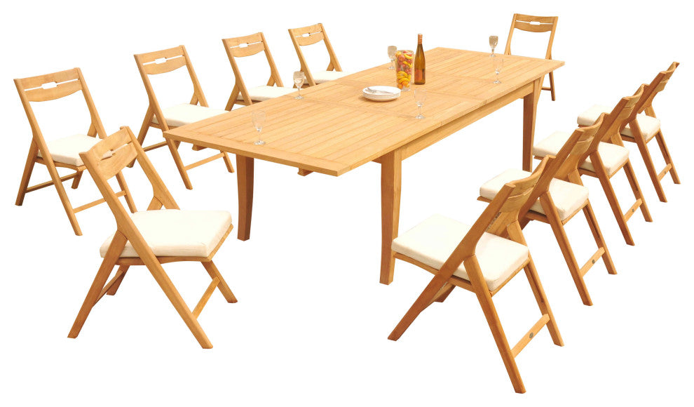 11-Piece Teak Dining Set: 122" X-Large Rectangle Table, 10 Surf Folding Chairs
