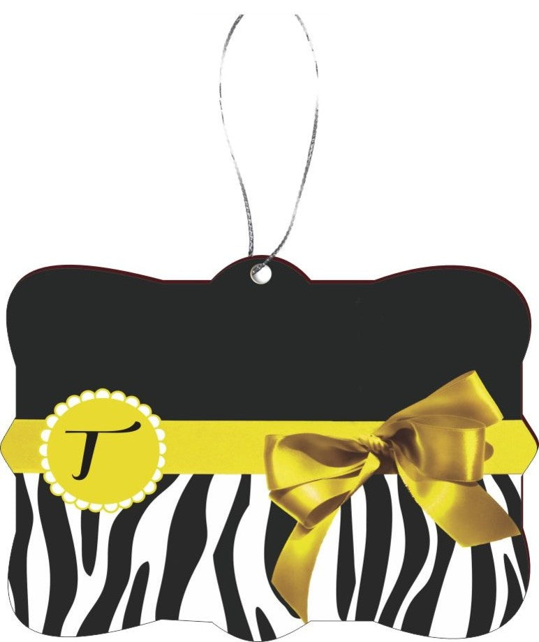 Letter T Yellow Zebra Bow Design Rectangle Christmas Tree Ornament