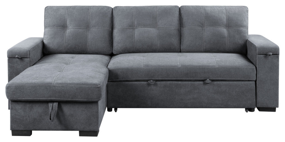 Toby Woven Fabric Reversible Sleeper Sectional With Storage, Cupholder, Gray