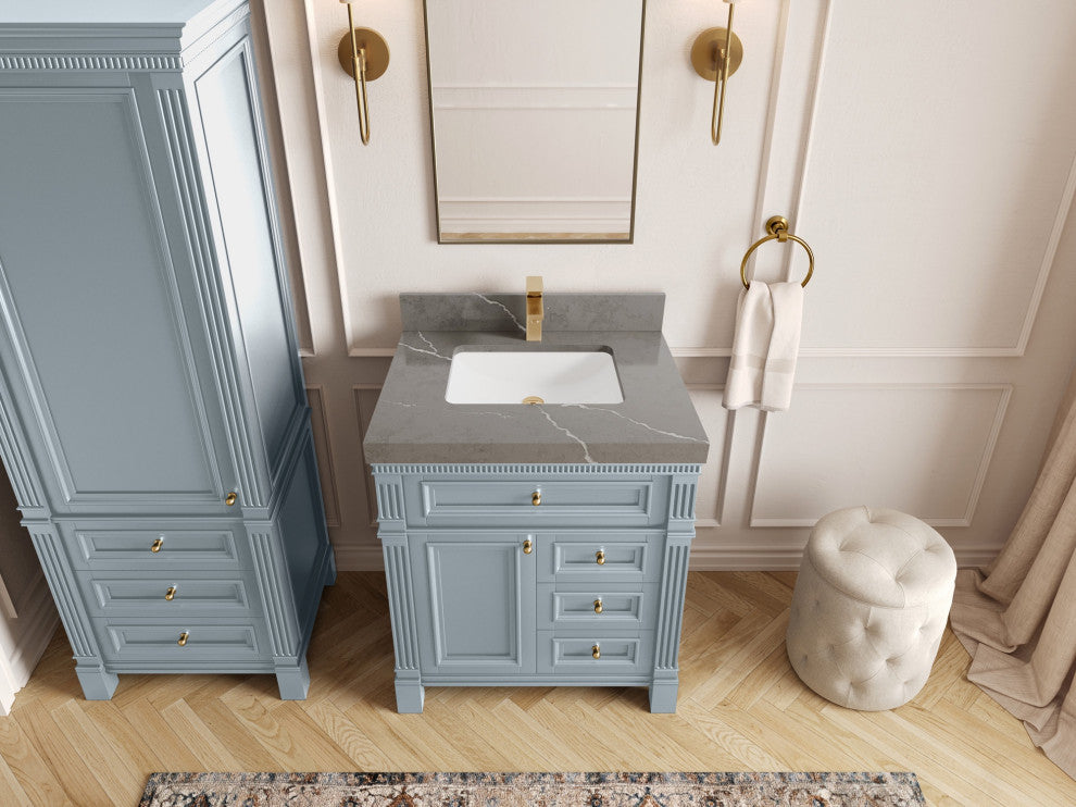 Paris 30" Single Sink Bathroom Vanity, Blue Heather 2" Piatra Gray