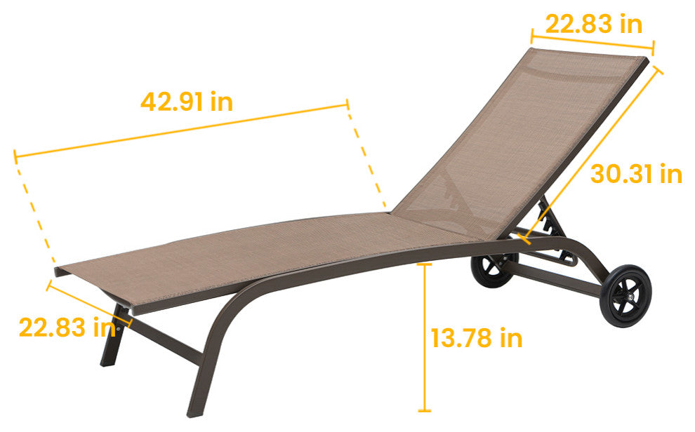 Adjustable Chaise Lounge Chair Outdoor Recliner with Wheels (Set of 2), Brown
