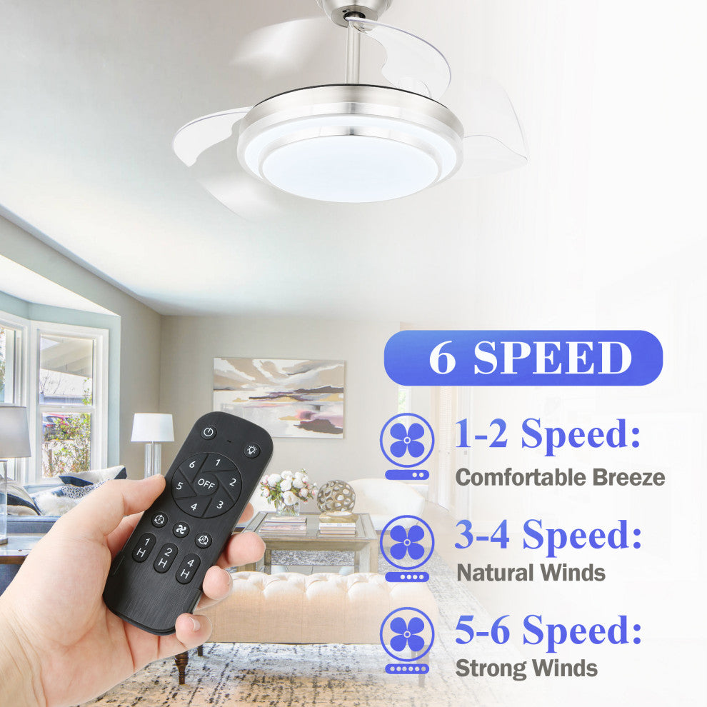 36" Modern Retractable Ceiling Fan Reversible With Remote Control and Light, 36inch