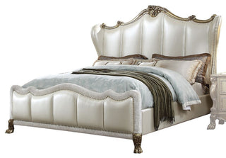 Acme Dresden Ii Ek Bed Pearl White PU and Gold Patina Finish