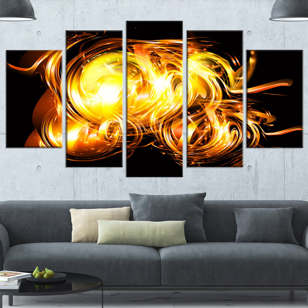 Abstract Fractal Fire on Black, Black, Abstract Canvas Art, 60"x32", 5 Panels