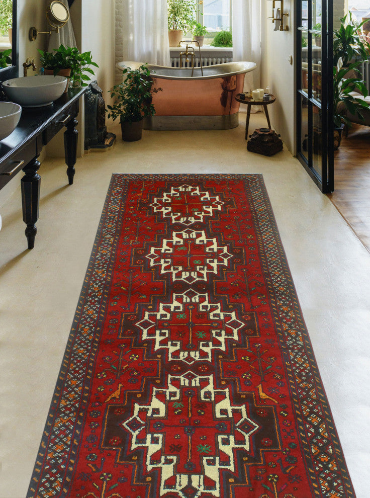 Fine Vintage Distressed Nina Red/Navy Runner, 3'3x8'10
